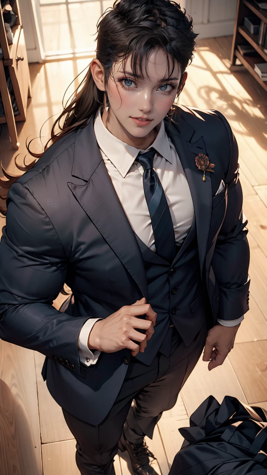 Long eyelashes, Round eyes, throw, Straight hair, Long Hair, Redhead, Big Breasts, eyeball, compensate, Cast a Shadow, High detail, 8K, Super detailed, Accurate, Highest quality, Textured skin, Full body image, Performance, face, Angry Eyes, Angry expression, From above, Wearing black suit pants, Wearing a black men&#39;s suit, On the bed, Lying down、24-year-old female、Sexy proportions、Sexy、adult、erotic