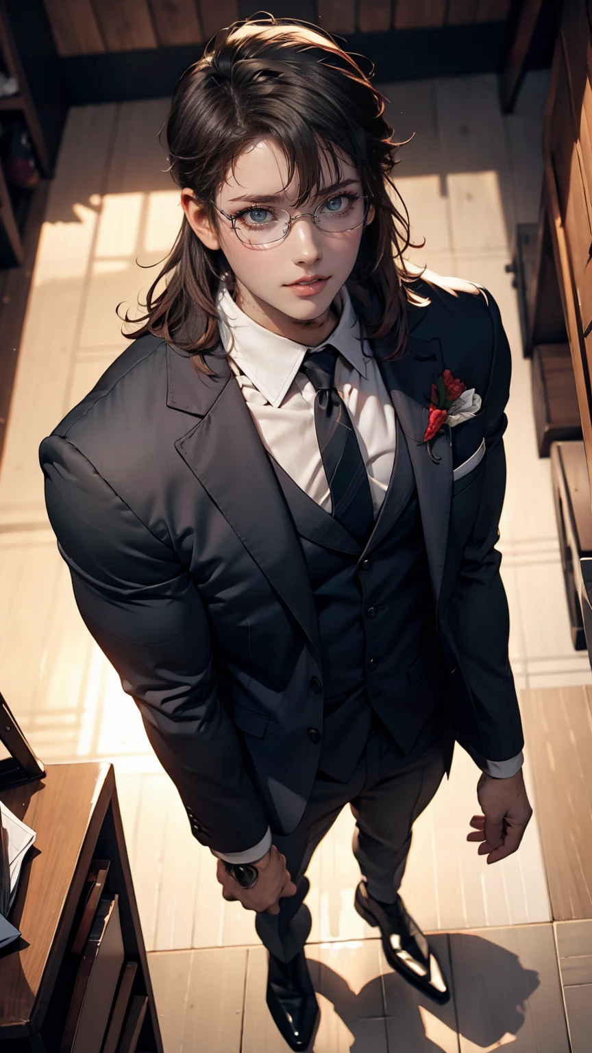 Long eyelashes, Round eyes, throw, Straight hair, Long Hair, Redhead, Big Breasts, eyeball, compensate, Cast a Shadow, High detail, 8K, Super detailed, Accurate, Highest quality, Textured skin, Full body image, Performance, face, Angry Eyes, Angry expression, From above, Wearing black suit pants, Wearing a black men's suit, On the bed, Lying down、24-year-old female、Sexy proportions、Sexy、adult、erotic