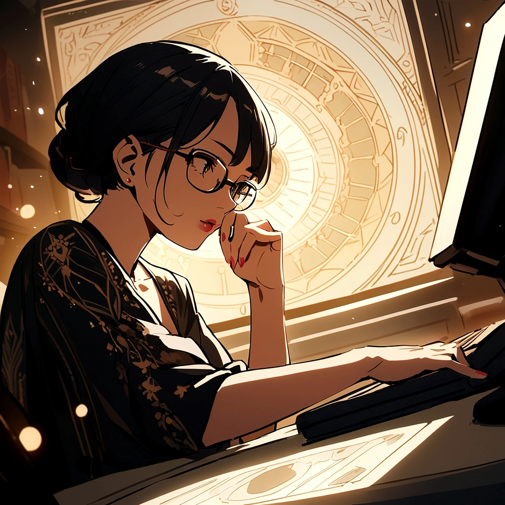 A beautiful busty astrologer wearing glasses who reads horoscopes on her computer
