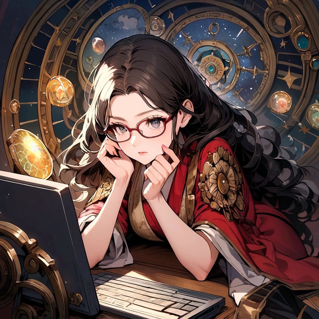 A beautiful busty astrologer wearing glasses who reads horoscopes on her computer
