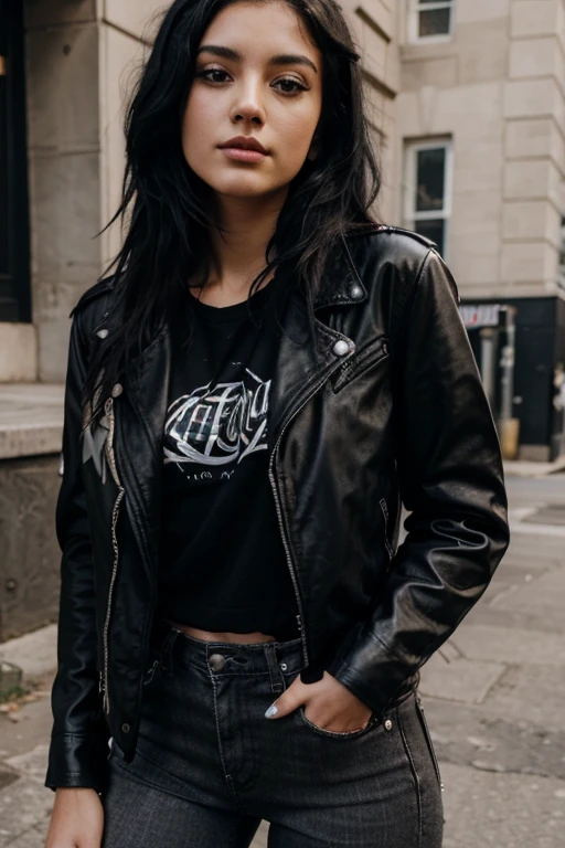 22 year old rocker woman with black hair wearing a black rock shirt and a black leather jacket 