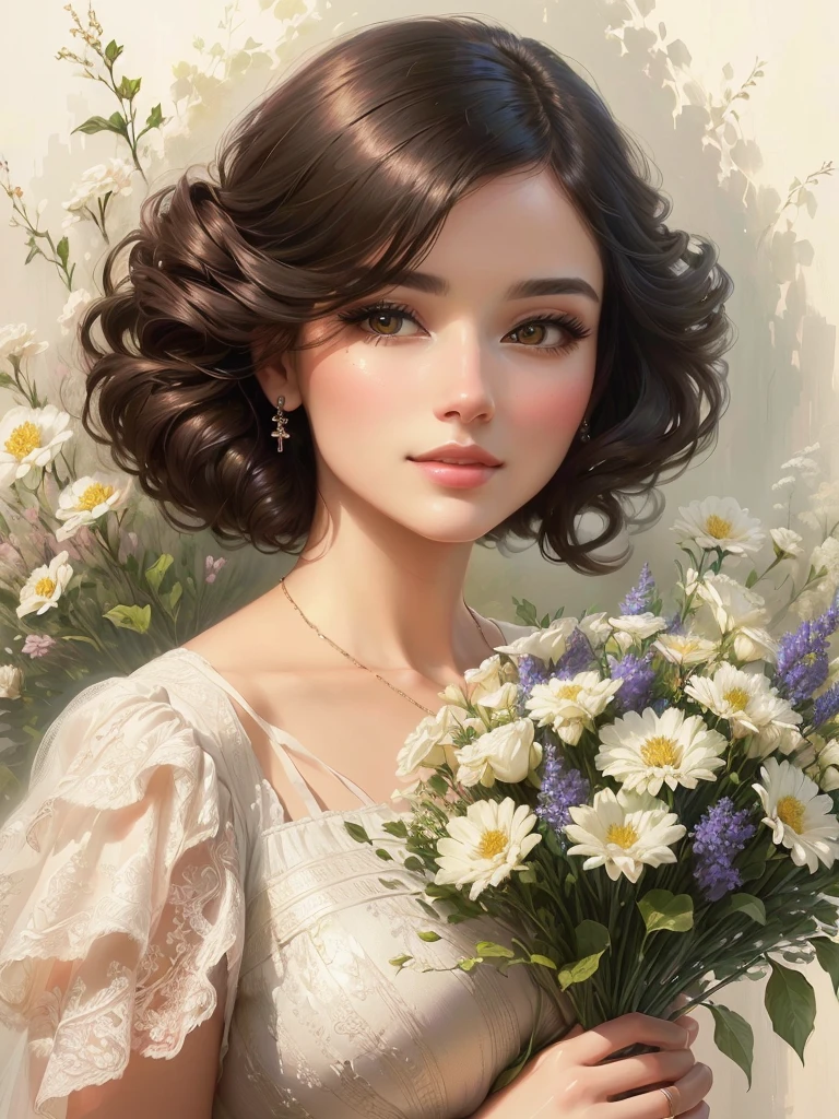 Woman with a bouquet of flowers in front of a painting, elegant digital painting, detailed beautiful portrait, Beautiful digital painting, beautiful gorgeous digital art, beautiful digital art, Gorgeous digital painting, beautiful digital illustration, digital art of elegance, Realistic picture of a cute girl, amazing digital painting, Airbrush digital oil painting, Digital Fine Art Photography, beautiful portrait image, very beautiful digital art