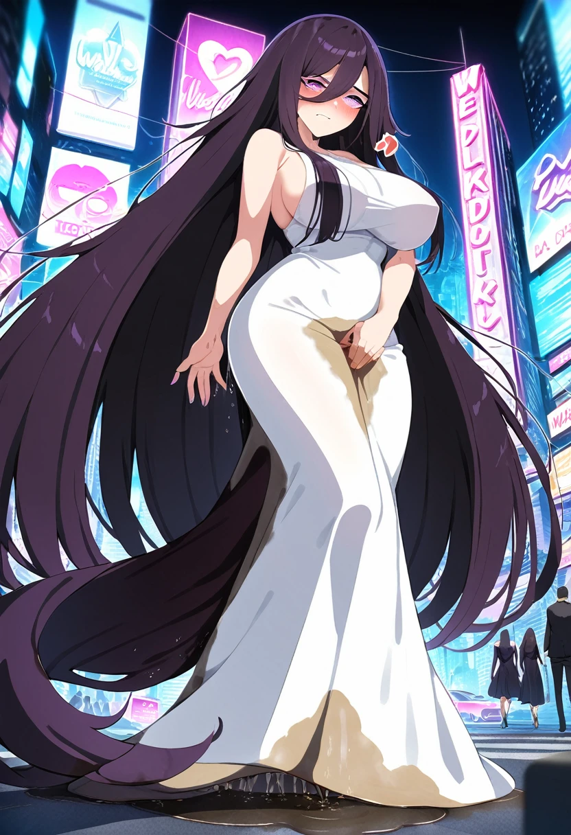 (masterpiece:1.37), best quality, (extremely detailed:1.37), woman, (mature:1.5), (adult:1.5), large breasts, very long hair, (straight hair:1.5), dark purple hair, purple eyes, (extremely detailed eyes:1.37), (very long dress:1.5), (very tight dress:1.5), desperation, (wetting self:1.5), standing, embarrassed, humiliation, blushing, angry, city, futuristic, neon lighting, high-tech, street