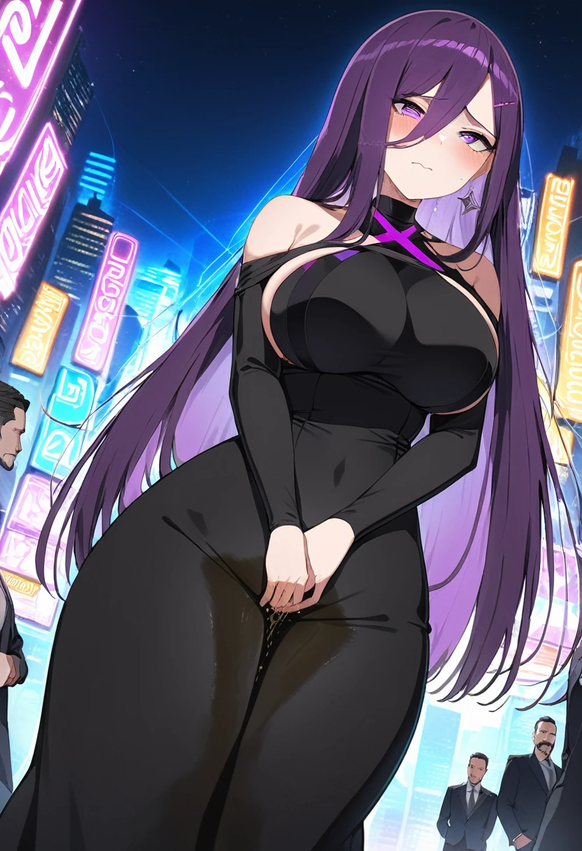 (masterpiece:1.37), best quality, (extremely detailed:1.37), woman, (mature:1.5), (adult:1.5), large breasts, very long hair, (straight hair:1.5), dark purple hair, purple eyes, (extremely detailed eyes:1.37), (very long dress:1.5), (very tight dress:1.5), desperation, (wetting self:1.5), standing, embarrassed, humiliation, blushing, angry, city, futuristic, neon lighting, high-tech, street