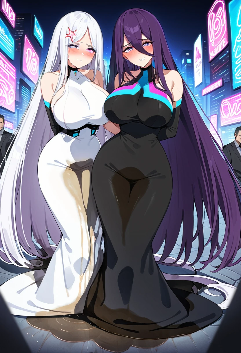(masterpiece:1.37), best quality, (extremely detailed:1.37), woman, (mature:1.5), (adult:1.5), large breasts, very long hair, (straight hair:1.5), dark purple hair, purple eyes, (extremely detailed eyes:1.37), (very long dress:1.5), (very tight dress:1.5), desperation, (wetting self:1.5), standing, embarrassed, humiliation, blushing, angry, city, futuristic, neon lighting, high-tech, street