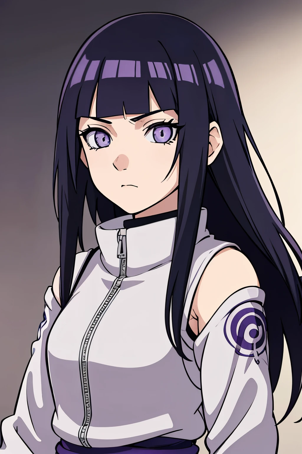 (high-quality, breathtaking),(expressive eyes, perfect face) portrait, Symmetrical Eyes, 1girl, female, solo, teenager, short height, white hair, white coloured eyes, byakugan, hinata eyes, anime naruto art style, long hair, fluffy hair, feminine face, grey background, hallway background, detailed eyes, hyuga, Ōtsutsuki, naruto ninja attire, neutral expression, soft smile, purple and black clothing, white trim, long sleeves, white dress, hair between eyes, bare shoulders, jacket
