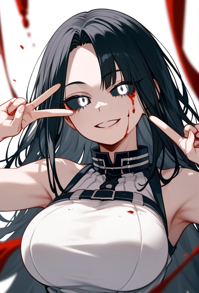 masterpiece, zoom out, score_9, score_8_up, score_7_up, portrait, 1 girl, alone, black hair, long hair, long parted bangs, white eyes, black sclera, (blood tears, small smile), evil, parted lips, expressionless, big breasts, upper body, V-neck strap basic dress, black bottom, best quality, long split bangs, Boku no Hero academia