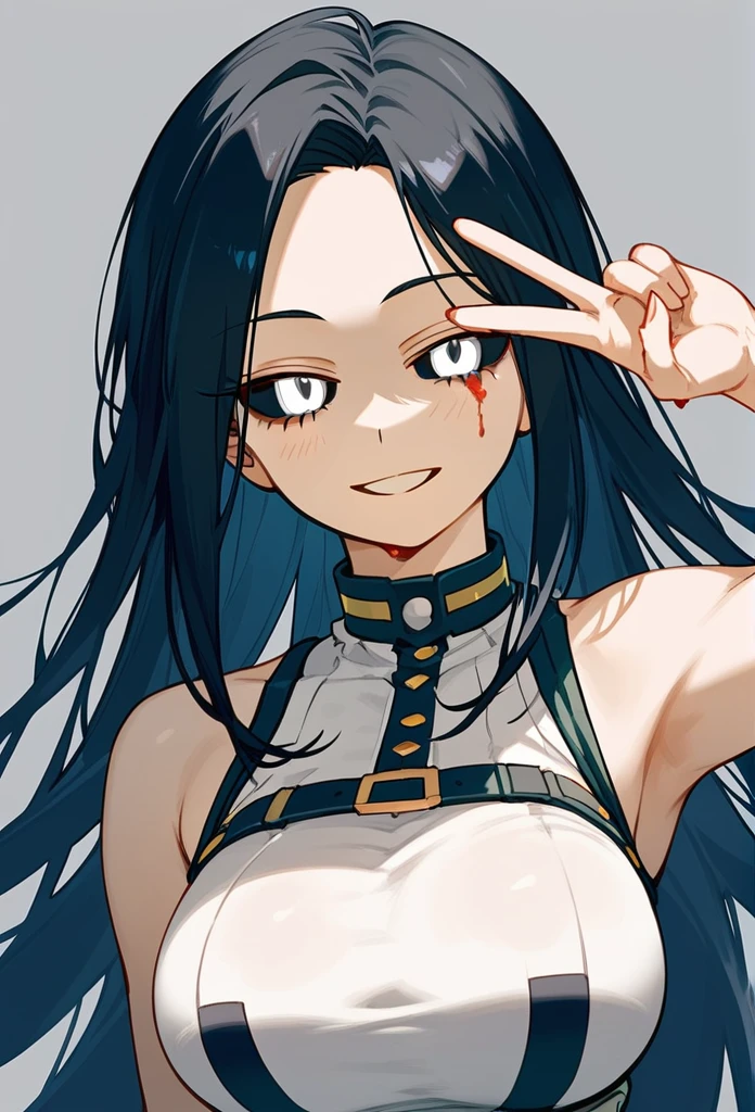 masterpiece, zoom out, score_9, score_8_up, score_7_up, portrait, 1 girl, alone, black hair, long hair, long parted bangs, white eyes, black sclera, (blood tears, small smile), evil, parted lips, expressionless, big breasts, upper body, V-neck strap basic dress, black bottom, best quality, long split bangs, Boku no Hero academia