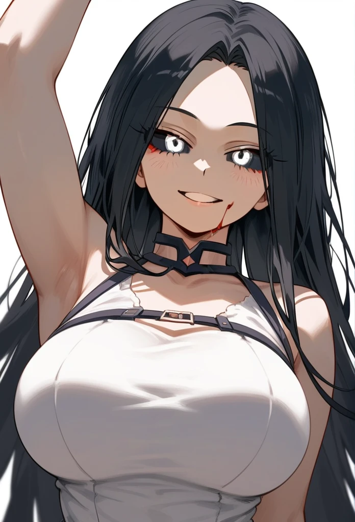 masterpiece, zoom out, score_9, score_8_up, score_7_up, portrait, 1 girl, alone, black hair, long hair, long parted bangs, white eyes, black sclera, (blood tears, small smile), evil, parted lips, expressionless, big breasts, upper body, V-neck strap basic dress, black bottom, best quality, long split bangs, Boku no Hero academia