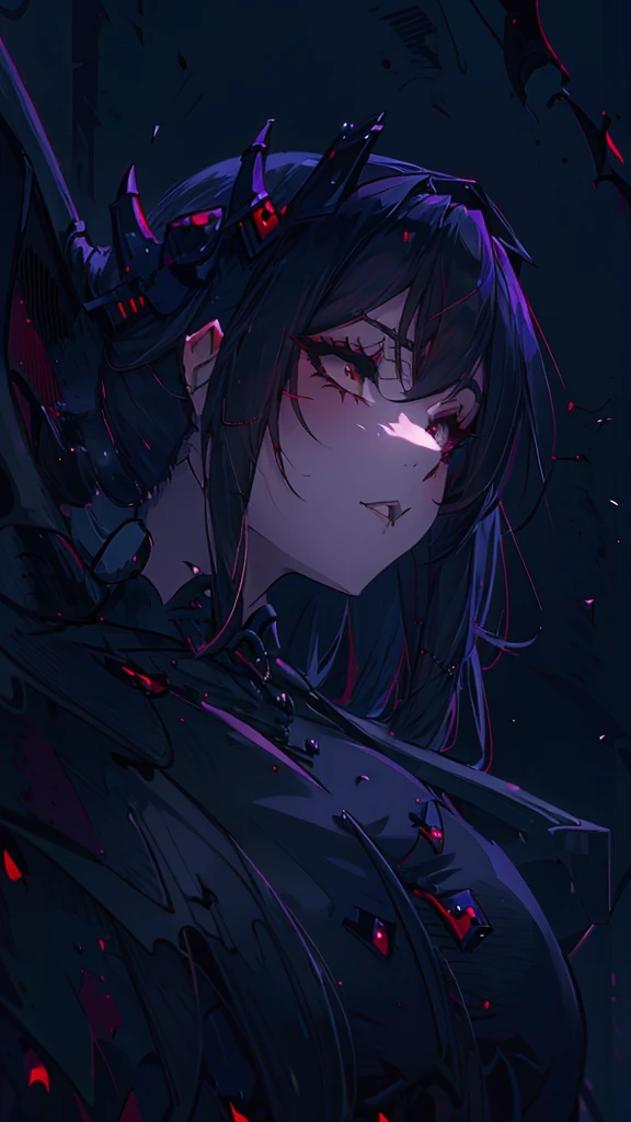 Glowing red eyes, malicious succubus, messy hair, smirking at viewer, dark foggy ruins, blood armor, SFW,