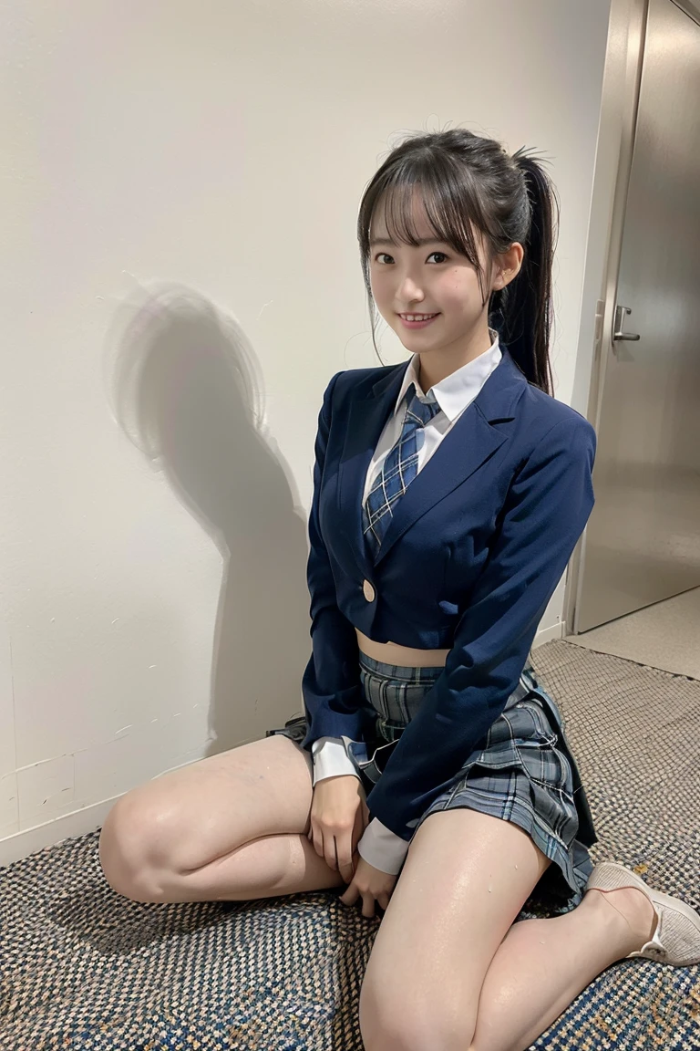 (8K), (highest quality: 1.2), (realistic), (realistic: 1.37), ultra high resolution, (1 girl、17 years old), cute, smile, closed mouth, beautiful details, beautiful nose, wet hair, giant dulcefo, pork, thighs，Self snap,High school Student Uniform,(A simple navy blue blazer),pleated skirt,(The skirt and tie are gray tartan check pattern....:1.3),(sitting:1), sit on the ground,(hug your feet:1),white pantyhose,from the front,knees、loafers、Low - Angle、From the front view、Checkered Pleated Skirt、Ponytail 1.2、Knee-high socks、barefoot、((Between the legs、Panties that fit the female genitals、White panties、膝を上げて、お尻を床に付けて座る))