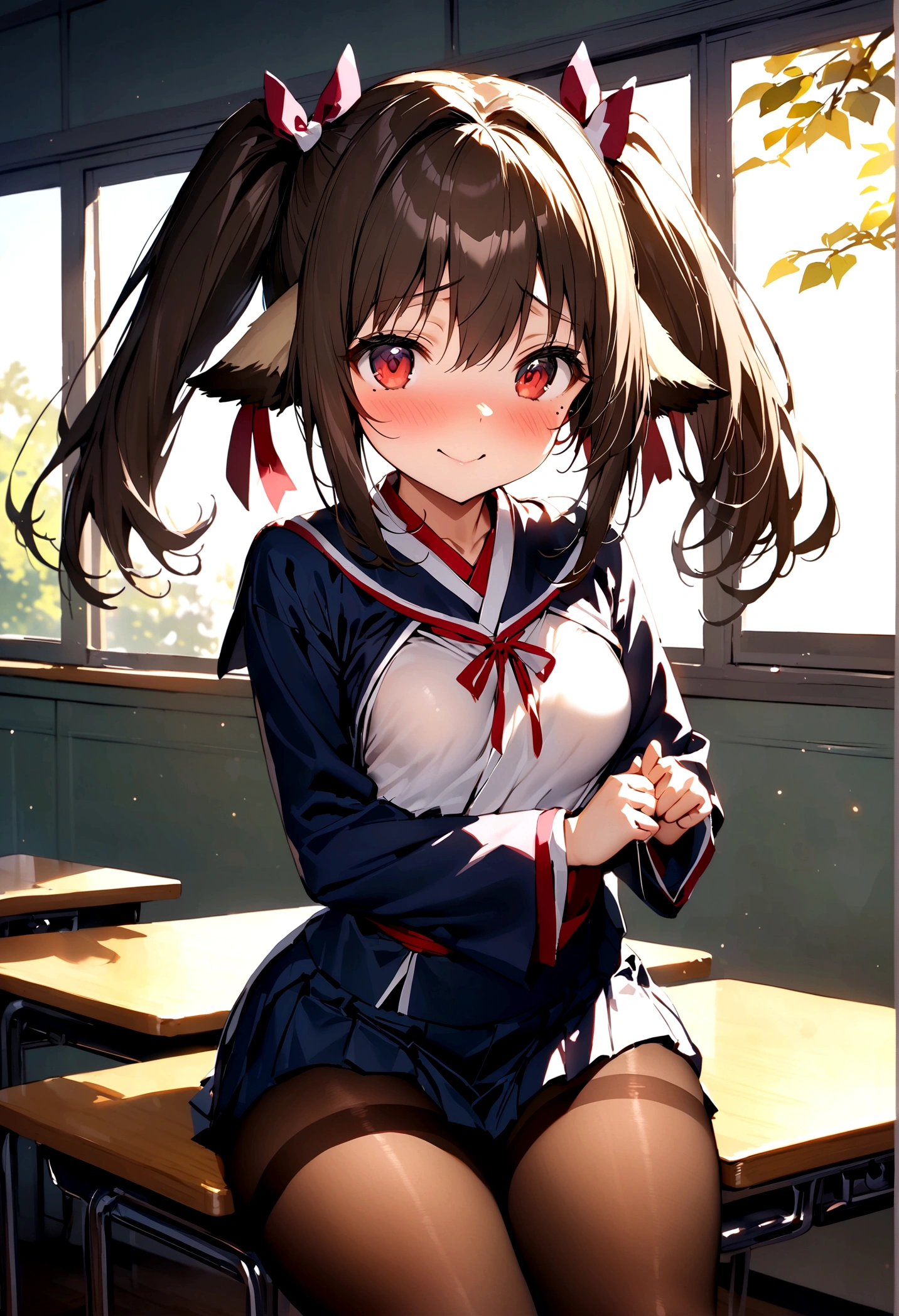 NSFW,masterpiece,Highest quality,High resolution,Super detailed,nekone \(utawarerumono\),Brown Hair、(Red Eye:1.3)、ribbon、Animal Ears、Twin tails、ヘアribbon、Mole、目の下のMole,Small breasts,uniform,kimono,mini skirt,pantyhose,Embarrassed,blush,Expecting face,Seduce,smile,School,classroom,Spoiled