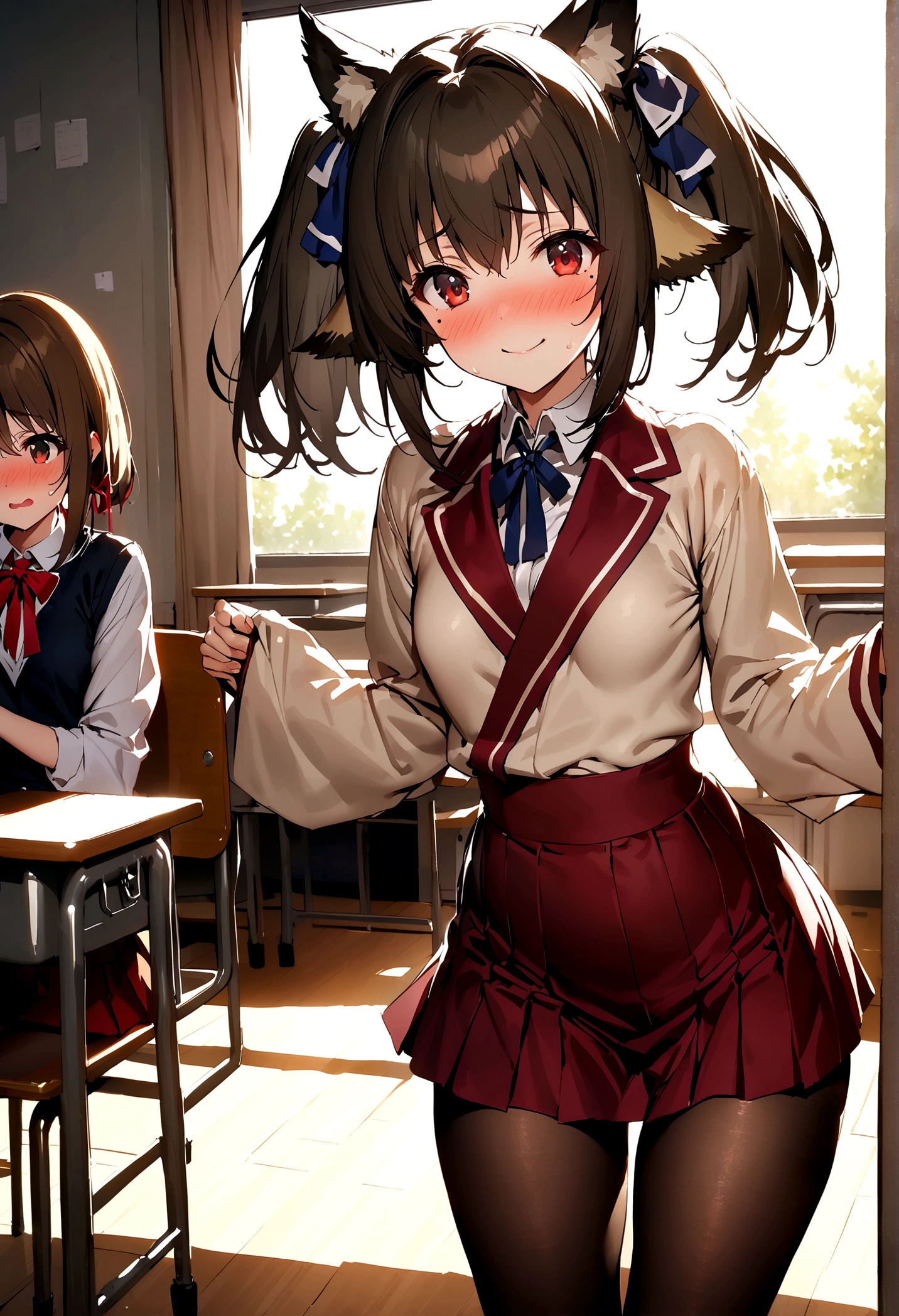 NSFW,masterpiece,Highest quality,High resolution,Super detailed,nekone \(utawarerumono\),Brown Hair、(Red Eye:1.3)、ribbon、Animal Ears、Twin tails、ヘアribbon、Mole、目の下のMole,Small breasts,uniform,kimono,mini skirt,pantyhose,Embarrassed,blush,Expecting face,Seduce,smile,School,classroom,Spoiled