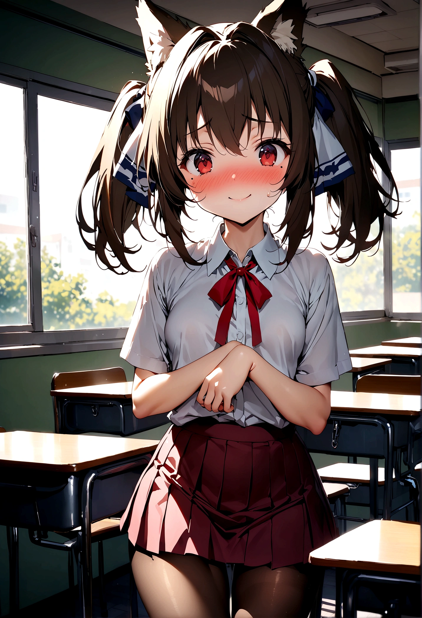 NSFW,masterpiece,Highest quality,High resolution,Super detailed,nekone \(utawarerumono\),Brown Hair、（Red Eye：1.3）、ribbon、Animal Ears、Twin tails、ヘアribbon、Mole、目の下のMole,Small breasts,uniform,kimono,mini skirt,pantyhose,Embarrassed,blush,Expecting face,Seduce,smile,School,classroom,Spoiled