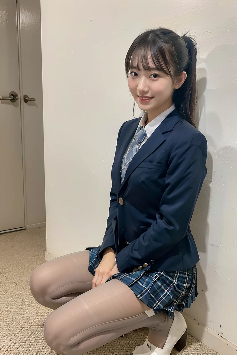 (8K), (highest quality: 1.2), (realistic), (realistic: 1.37), ultra high resolution, (1 girl、17 years old), cute, smile, closed mouth, beautiful details, beautiful nose, wet hair, giant dulcefo, pork, thighs,Self snap,High school Student Uniform,(A simple navy blue blazer),pleated skirt,(The skirt and tie are gray tartan check pattern....:1.3),(sitting:1), sit on the ground,(hug your feet:1),white pantyhose,from the front,knees、loafers、Low - Angle、From the front view、Checkered Pleated Skirt、Ponytail 1.2、Knee-high socks、barefoot、((Between the legs、Panties that fit the female genitals、White panties、膝を上げて、お尻を床に付けて座る))
