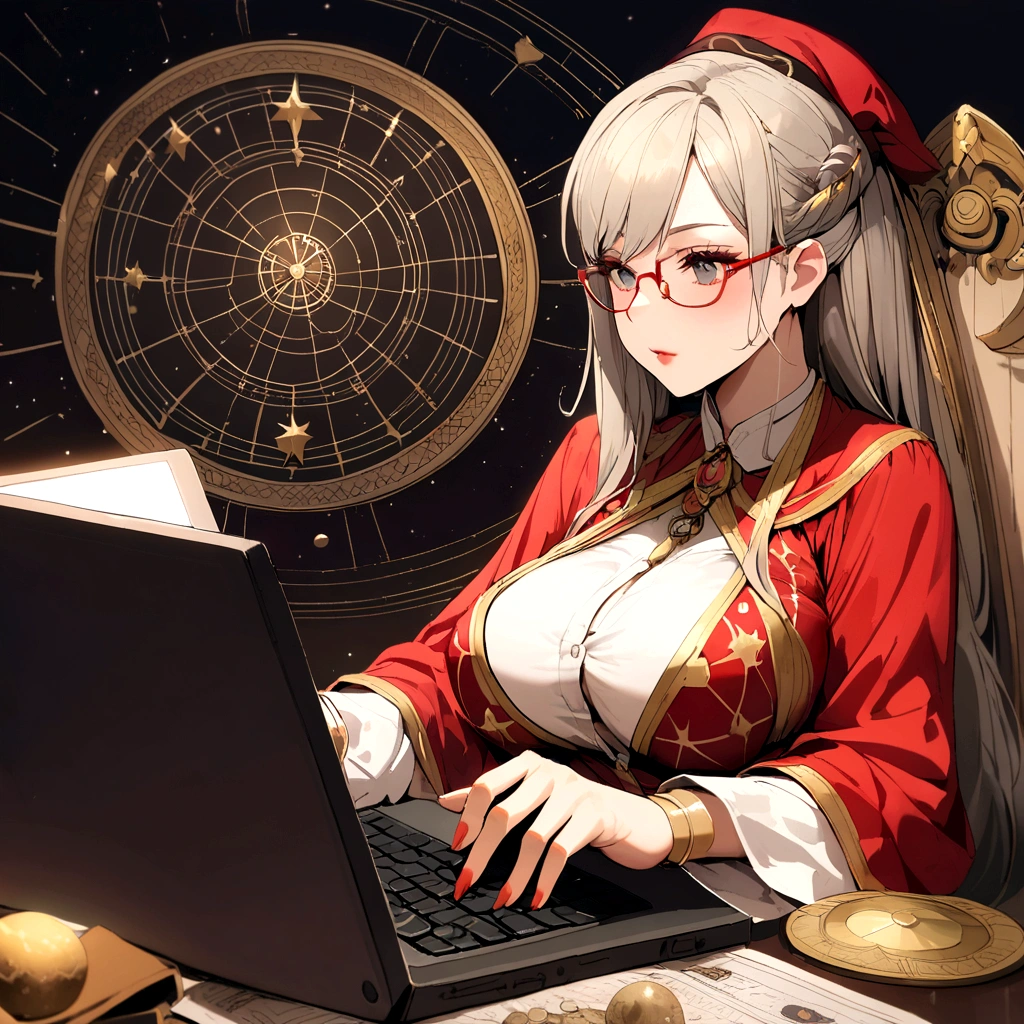 A beautiful busty astrologer wearing glasses who reads horoscopes on her computer

