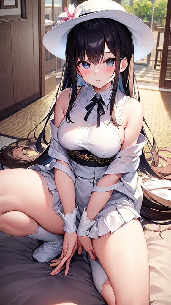 ( best quality )), ((masterpiece)), (  Details),nsfw1.9, ((Full Body Shot 1.5, View from the front)),19-year-old woman sitting on a wooden chair ， Open mouth smile，Tempting appearance， big boobs,Blushing and very sexy  ，(((black maid clothes 1.5, wearing black maid clothes with a wide open chest 1.5, A maid outfit that fits my body ，Emphasizing her white panties,White lace bra, thick rope that binds a woman's entire body, is tied to a chair with a very thick rope))),Open your legs and see your panties in full view 1 .5,Sit with your knees up,See-through bra,very small see-through panties,
Beautiful single women，Beautiful Face，Big beautiful eyes，  beautiful double eyelids  ， Small Ass,Thin thighs, Beautiful teeth alignment，A beautiful figure with an 8-head figure ，Slender body，Beautiful Hands，  Slim and beautiful legs，Long arms，Long legs， long soft hair ， shiny black hair   ，Full Body Shot 1.4，  Embarrassed expression 1.4 ，Tears,Sweat all over the body，Mouth half open，Woman with legs open，((  very short skirt 1 .9,I want to show my pants so excited ,,  White Garter Belt , I wear white knee-high socks up to my knees1 .9,  absolute territory , black high heels)),