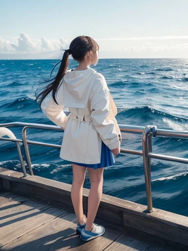 harbor, ship, desperate, standing, scratching head, long hair tied back, (blue skirt), (cream jacket), Moment of Despair, in the ocean, with a ship, full body shot, back shot