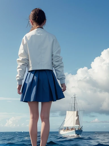 harbor, ship, desperate, standing, scratching head, long hair tied back, (blue skirt), (cream jacket), Moment of Despair, in the ocean, with a ship, full body shot, back shot