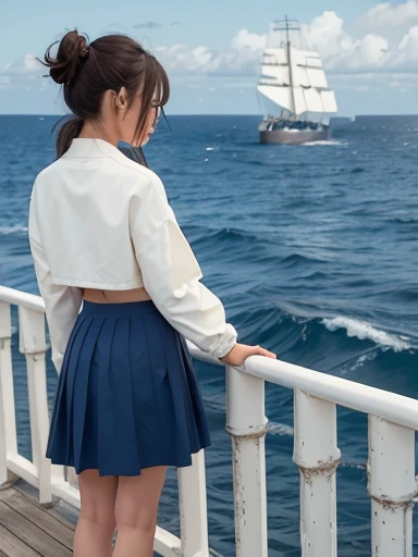 harbor, ship, desperate, standing, scratching head, long hair tied back, (blue skirt), (cream jacket), Moment of Despair, in the ocean, with a ship, full body shot, back shot