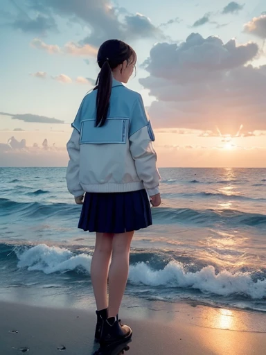 harbor, ship, desperate, standing, scratching head, long hair tied back, (blue skirt), (cream jacket), Moment of Despair, in the ocean, with a ship, full body shot, back shot