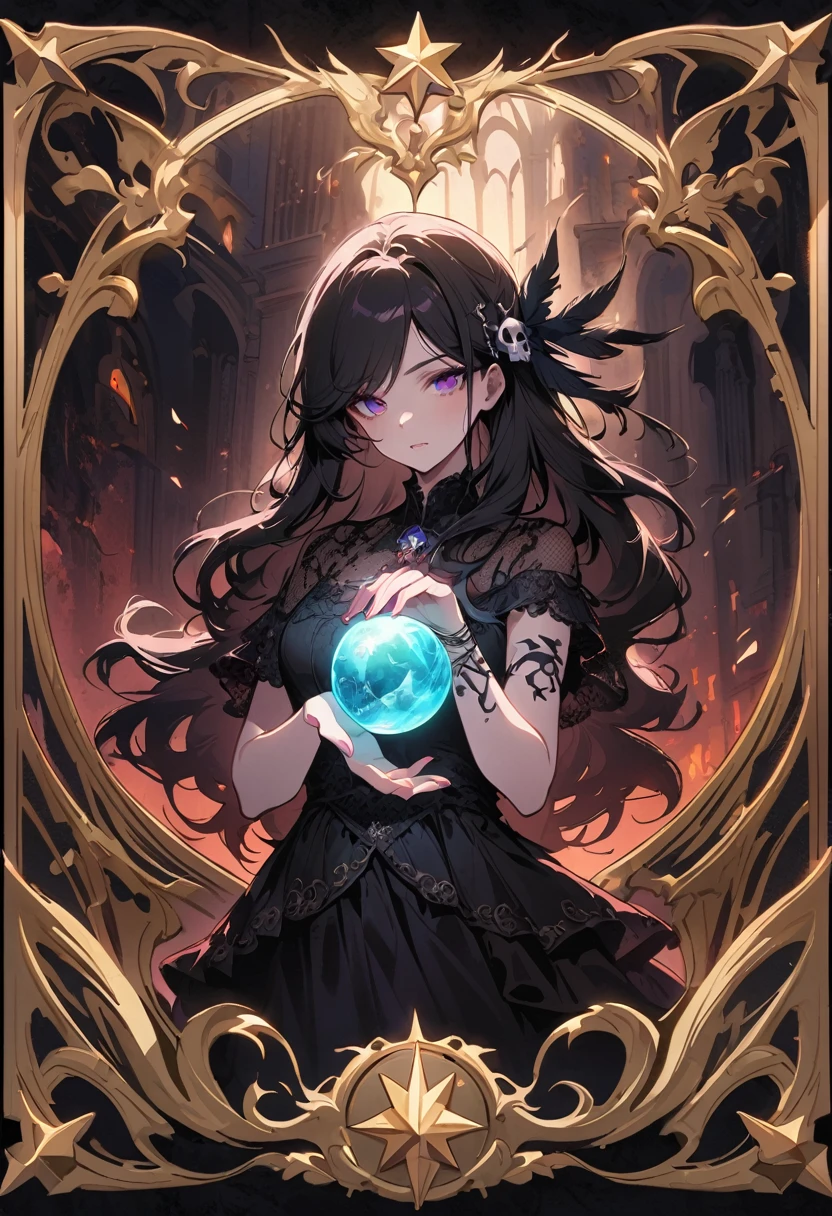 Mysterious astrologer girl,Pale skin,Long black hair fluttering in the wind,Shiny glasses lenses, She held a glowing sphere in her hand,Emerald eyes,Sharp eyes,The strange tattoo on her arm,Crystal Ball,Skull and five-pointed star decoration,Tarot,Mysterious symbols,Dramatic Lighting,Gothic,Black lace dress,Gorgeous jewelry,Feather hair accessories, Dark and scary atmosphere,