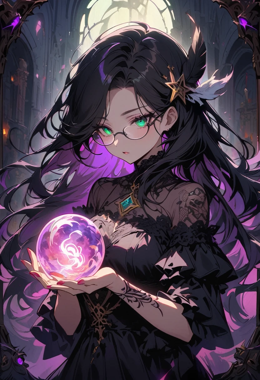 Mysterious astrologer girl,Pale skin,Long black hair fluttering in the wind,Shiny glasses lenses, She held a glowing sphere in her hand,Emerald eyes,Sharp eyes,The strange tattoo on her arm,Crystal Ball,Skull and five-pointed star decoration,Tarot,Mysterious symbols,Dramatic Lighting,Gothic,Black lace dress,Gorgeous jewelry,Feather hair accessories, Dark and scary atmosphere,