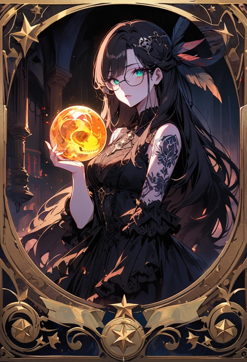 Mysterious astrologer girl,Pale skin,Long black hair fluttering in the wind,Shiny glasses lenses, She held a glowing sphere in her hand,Emerald eyes,Sharp eyes,The strange tattoo on her arm,Crystal Ball,Skull and five-pointed star decoration,Tarot,Mysterious symbols,Dramatic Lighting,Gothic,Black lace dress,Gorgeous jewelry,Feather hair accessories, Dark and scary atmosphere,