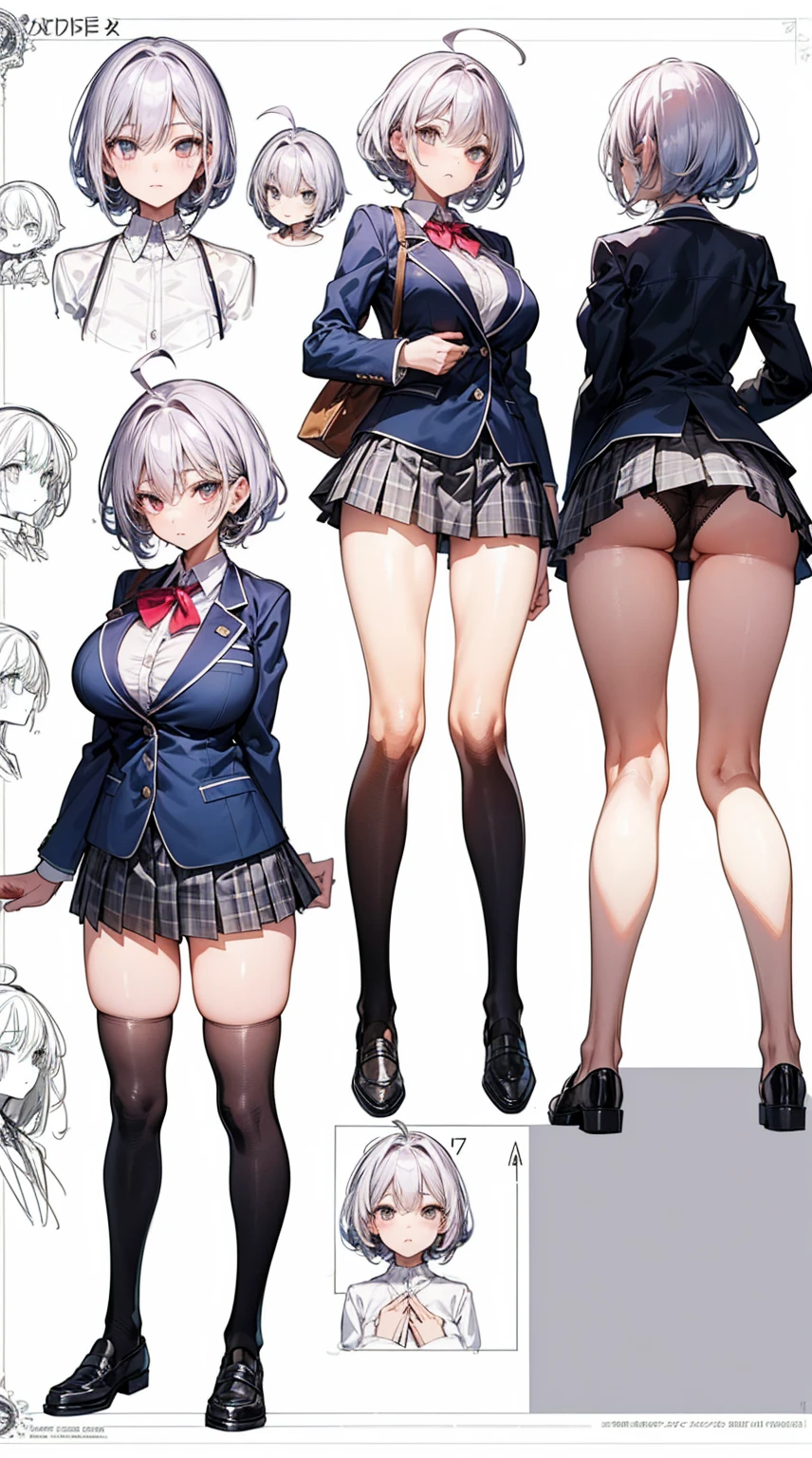 girl, alone, whole body, From head to toe, Are standing, (Huge_chest:1.3),
Character design sheet, Character Reference Sheet, 設計図のSchematic, Drafting, Blueprint, Schematic,
((Character design sheet:1.7, Character Reference Sheet:1.7,)),
anime/cartoon character wearing a girls , 1girl, alone, Thigh-high socks, blazer burezaa (blazer), Ahoge, Long Hair, bow, , shoes, loafers, ribbon, (Very short skirt:1.4), (panties:1.5),, (Good:1.5),