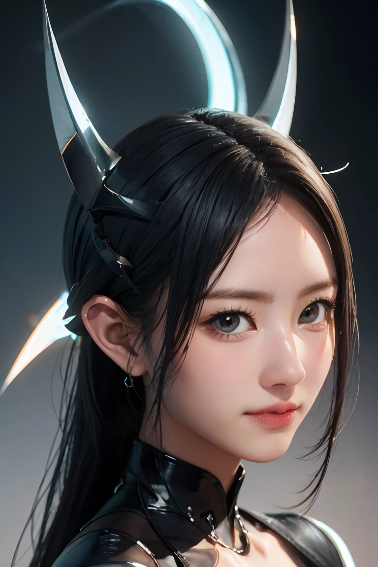 1girl, black hair, short ponytail, widow's peak, Angel Halo, demon horns, multicolored eyes, pointy ears, smile, young man, Conceptual art, Realism, chiaroscuro, anatomically correct, textured skin