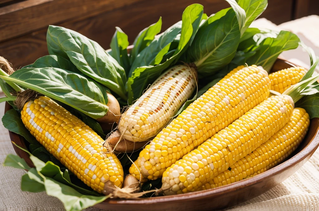 Harvested potatoes and corn