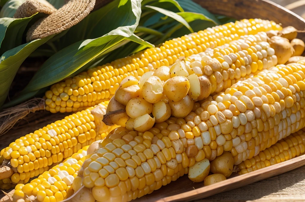 Harvested potatoes and corn