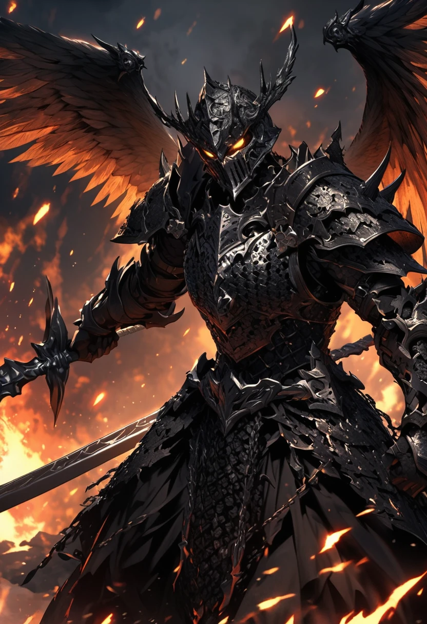 an extremely detailed 4k of a warrior clad in chainmail armor made of black fire with wings made of black fire as well, wielding a black fire steel swords