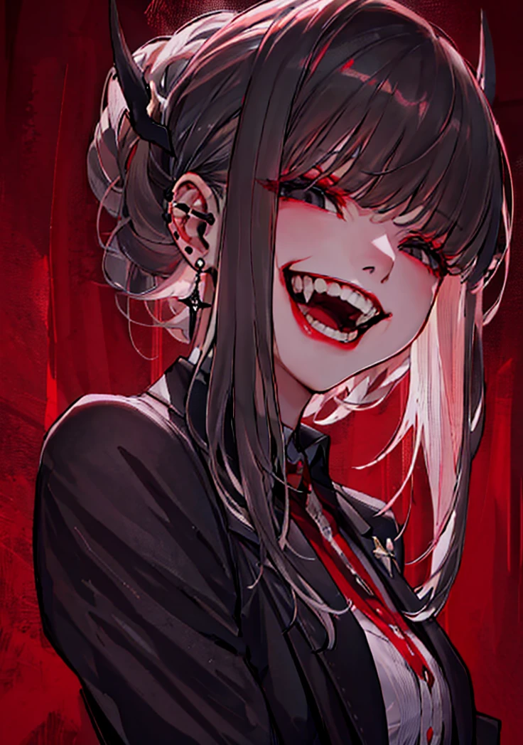 beautiful woman in business suit, long black hair, black eyes, looking at viewer, red background with details supernatural, macabre, supernatural creatures, intricate details, hyperrealistic, 8k, octane render, chiaroscuro lighting, cinematic composition, dramatic atmosphere, digital art