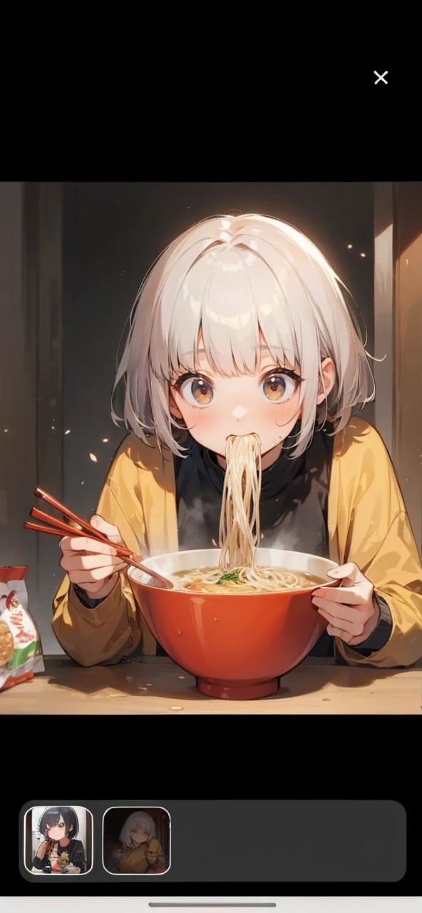 A girl with short hair and bangs is eating instant noodles
