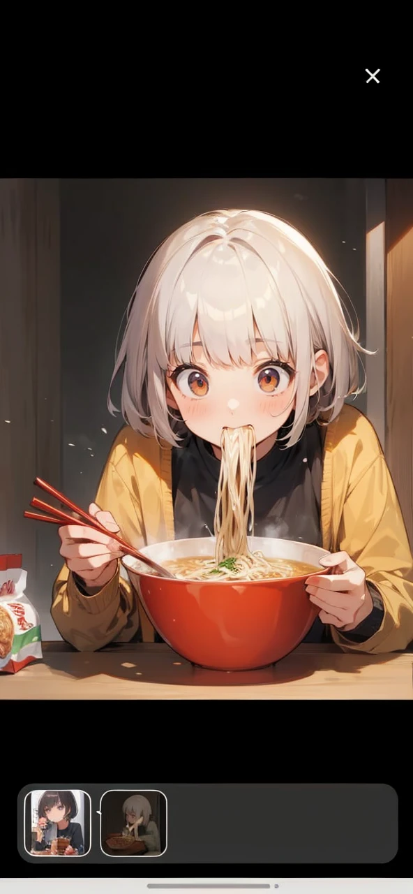 A girl with short hair and bangs is eating instant noodles
