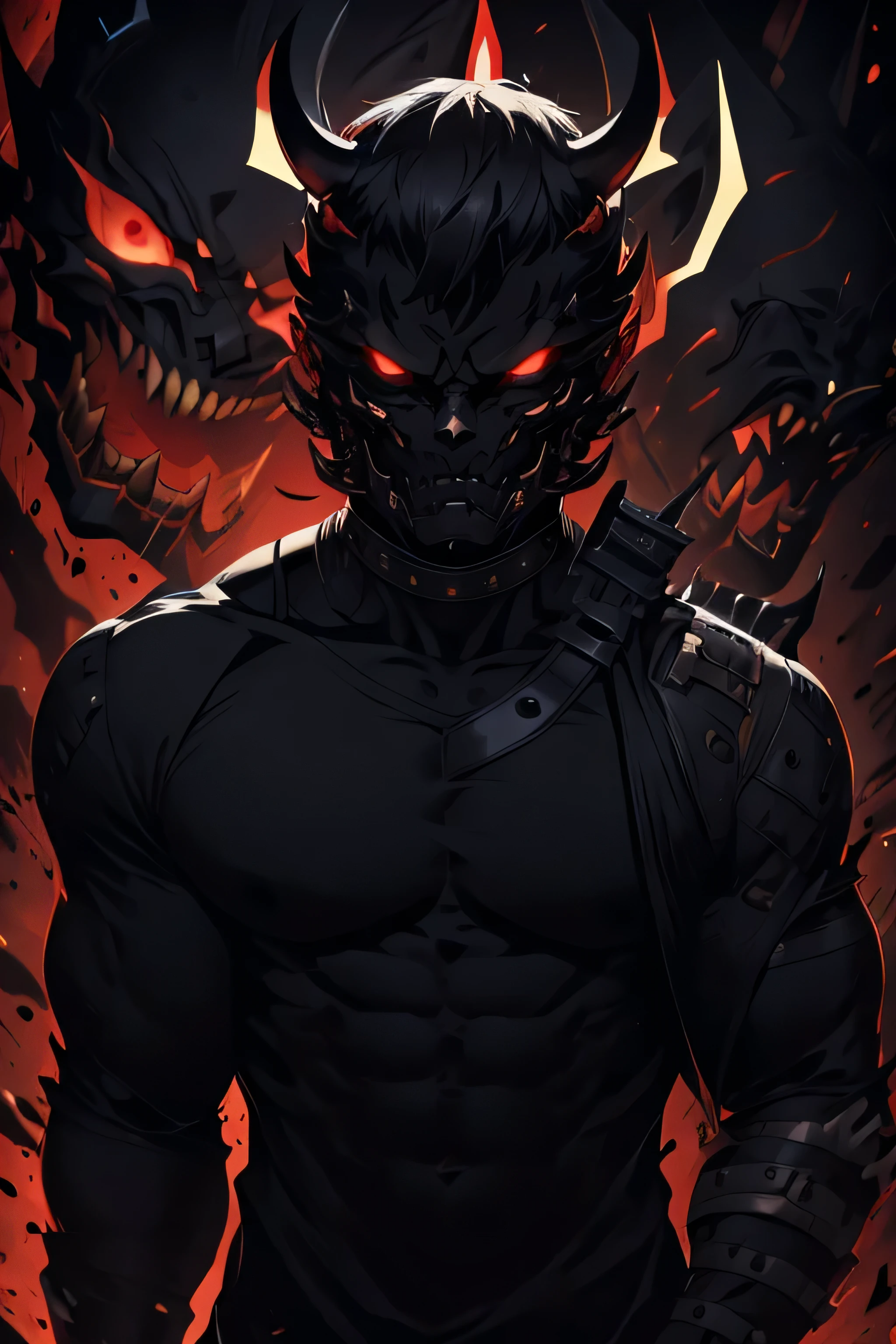 Chico, short hair, with black Oni half mask, muscular, mascara hand, black nails