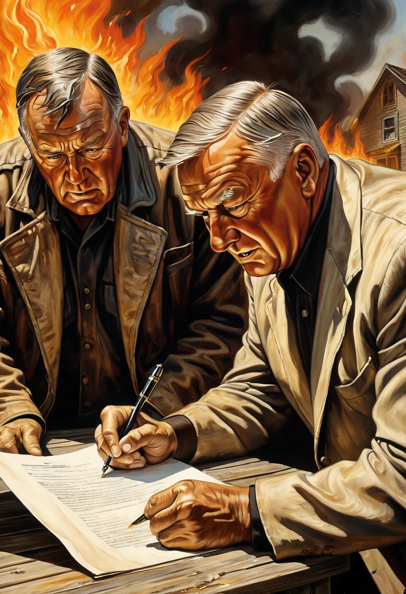 "A detailed image of a distressed homeowner signing a contract held by Crassus. The flames of the burning house illuminate their faces, capturing the urgency and desperation of the moment."
Size: "1024x1024"