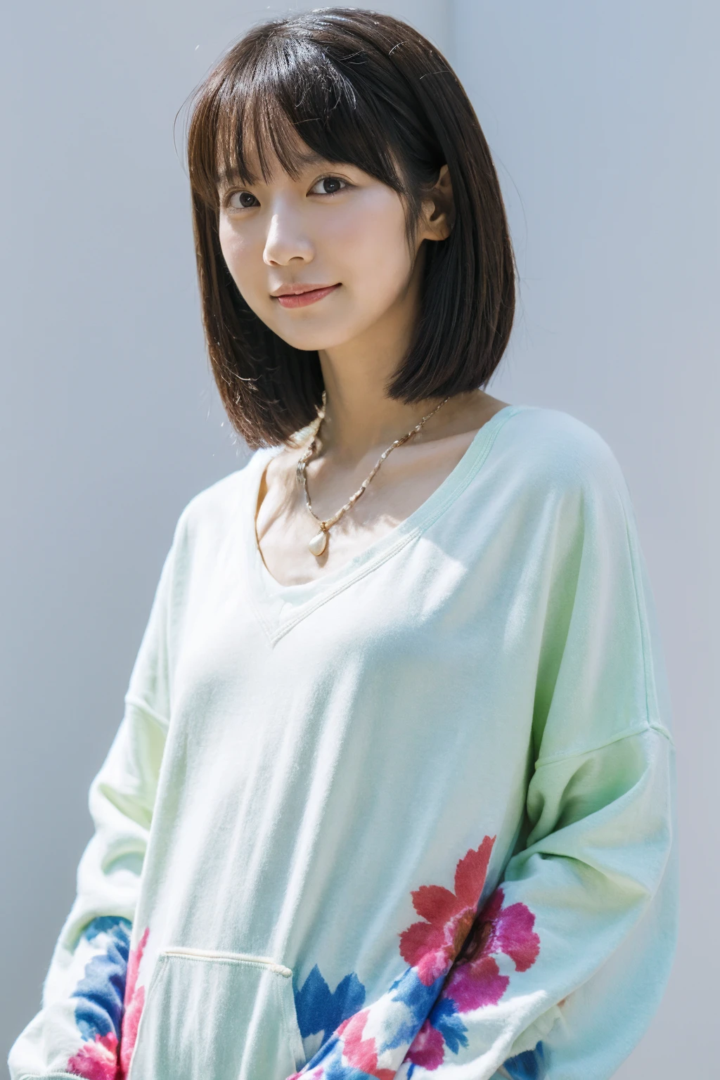 (Highest quality, 8K, 32k, masterpiece, Ultra-high resolution:1.2),Beautiful Japanese Women Photos, Rainbow clothes、Rainbow hoodie、Large Breasts, Very short bob hair,Gray Hair, necklace, Simple Background, From above, View your viewers,White Hair、White background、Colorful clothing、whole body、whole bodyのポートレート、piece