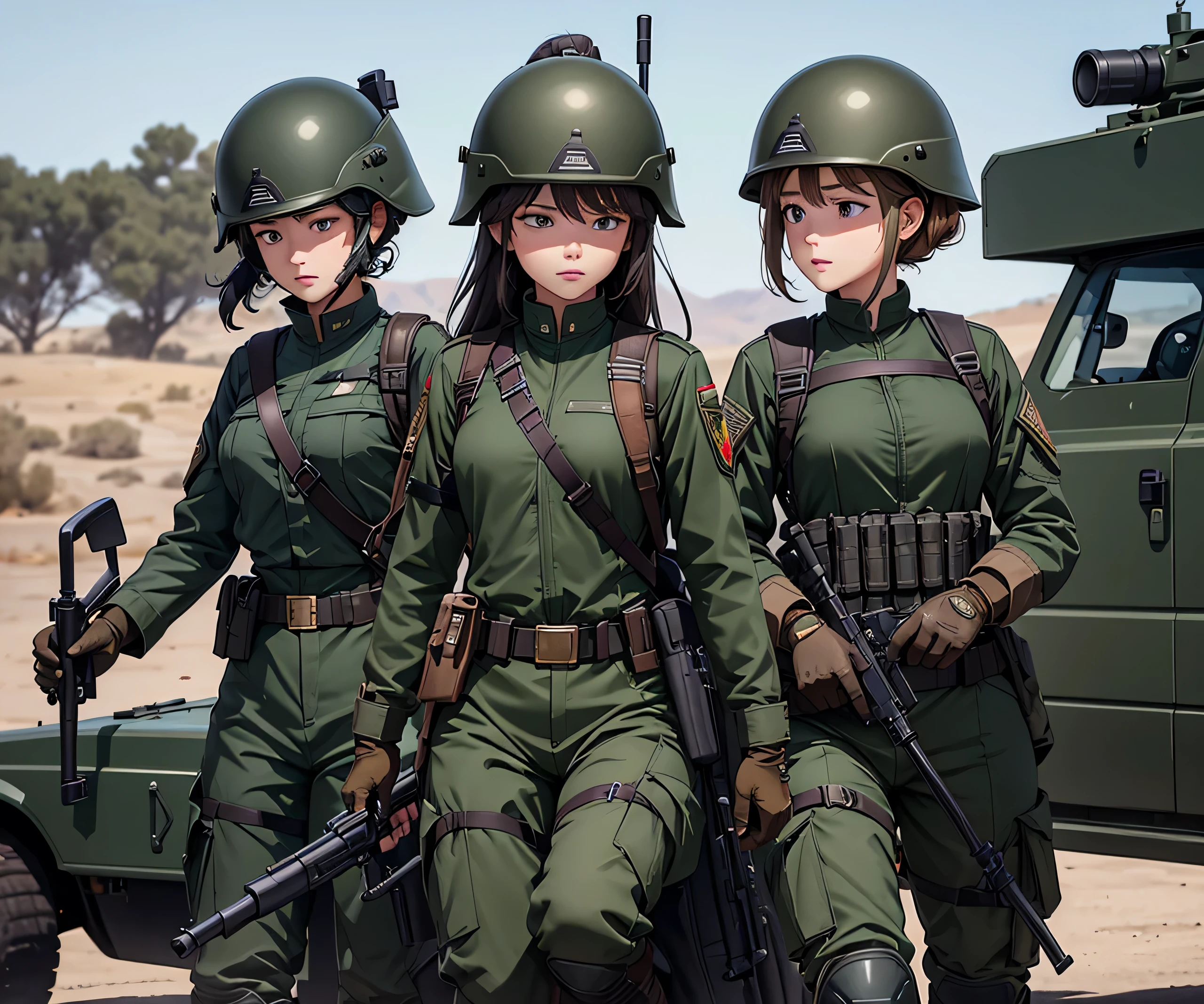 A group of female soldiers wearing helmets、Patrol with guns、Dark green military uniform、Military Pants、Brown diagonal shoulder strap and belt、Riding boots、Gloves、Write details、masterpiece、best quality、Highly detailed CG、8K picture quality
