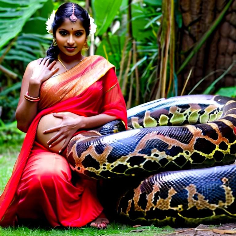 Pregnant Happy Horny, aroused 1girl), beautiful Indian young teen girl with giant colossal anaconda monster squeezing her hard, wrapped in thick spiraling coils, constricted, struggle, gasping for air, snake attack, snake peril,