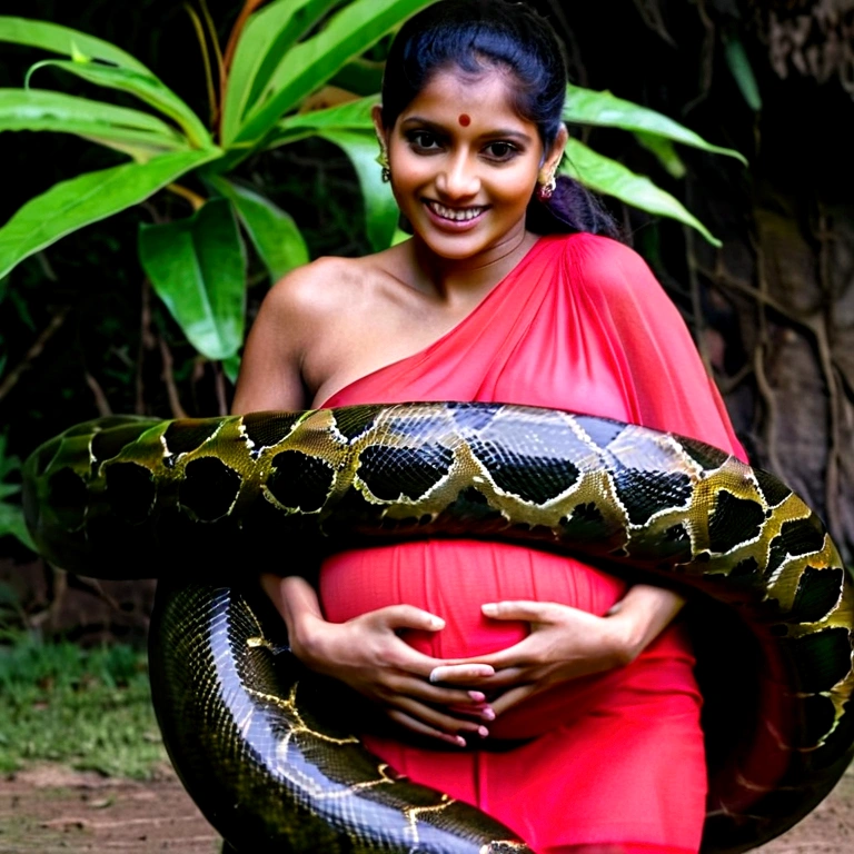 Pregnant Happy Horny, aroused 1girl), beautiful  Indian  young teen girl with  giant colossal anaconda monster squeezing her hard, wrapped in thick spiraling coils, constricted, struggle, gasping for air, snake attack, snake peril,