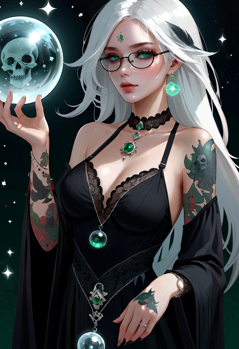 Mysterious astrologer girl,Emerald eyes,Sharp eyes,Pale skin,Long white hair fluttering in the wind,Shiny glasses lenses, She held a glowing sphere in her hand,The strange tattoo on her arm,Crystal Ball,Skull and five-pointed star decoration,Tarot,Mysterious symbols,Dramatic Lighting,Gothic,Black lace dress,Gorgeous jewelry,Feather hair accessories, Dark and scary atmosphere,