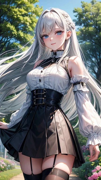 best quality, Meisterwerk, A breathtaking 8K landscape of a peaceful and serene scenery. The view is dominated by a wide dirt path meandering through a lush green meadow, flanked by tall, swaying trees on either side. The sun shines brightly in the clear blue sky, casting long shadows across the grassy field. Her long, flowing hair cascades down her back in the light breeze, carrying with it the scent of nearby flowers. The air is filled with the chirping of birds and the soft rustling of leaves. A light breeze gently blows, causing the woman's hair and the nearby flowers to dance playfully. The path continues into the distance, leading to a colorful array of flowers that seem to stretch on forever. Haarverzierung,Halskette, Schmuck,pretty face, Fotorealisch, (hochdetaillierte Haut:1.2), 8k uhd, good quality, offen, Foto, High resolution, 4k, 8k, Bokeh, (Masterpiece, Best quality, ultra high resolution), 1 girl, Silver hair, Pale skin, Beautiful detailed face, Detailed eyes, posing on a, On a white background, Dynamic lighting, dynamic shadowing, looking at viewer, White stone punk fashion,(Posing for a photo),((White clothes)), (((black thigh highs))), jean shorts, skirt, white sweater, ((Blue eyes)), happy, smiling, black straps, black strap design, ((Long white hair)), energetic, cheerful, cityscape background, (((long black sleeves))), ((long black sleeves)), black sleeves