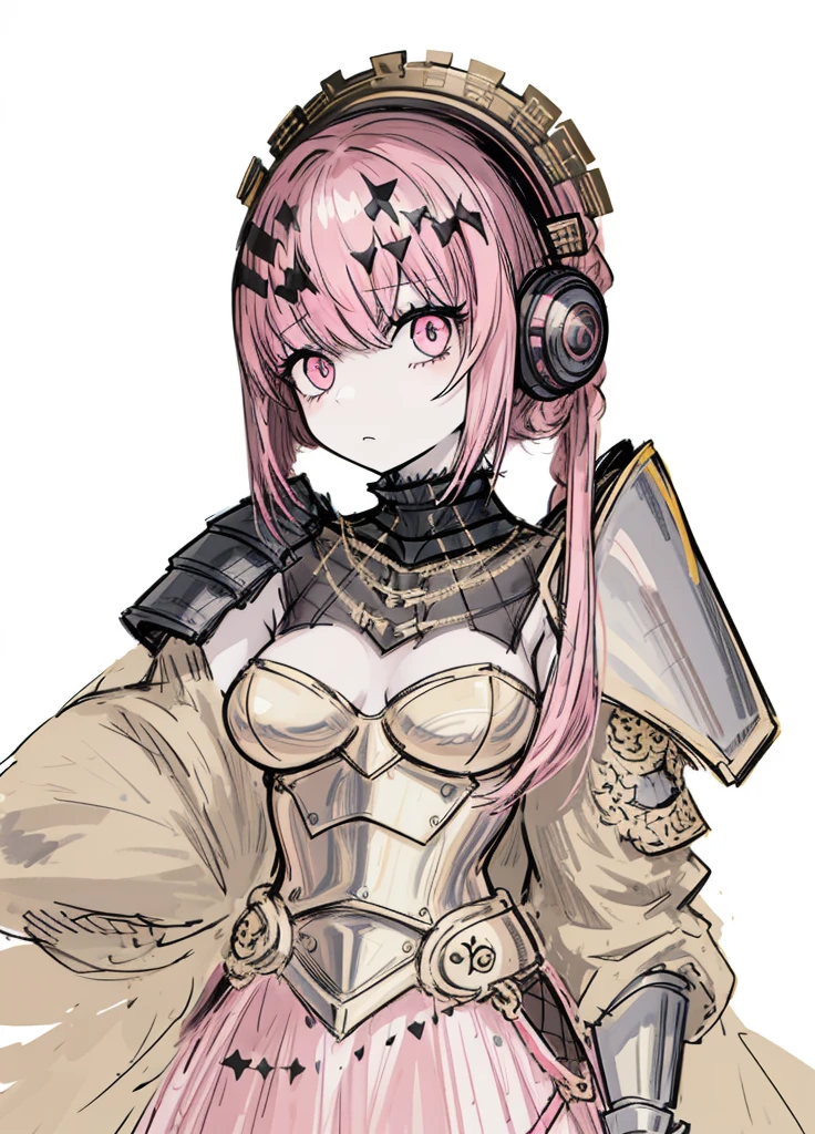 1girl, pale skin, pink eyes, DeepPink hair, soldier, bronze armor, nice clothes, (high resolution, high detail, best quality),
black background,