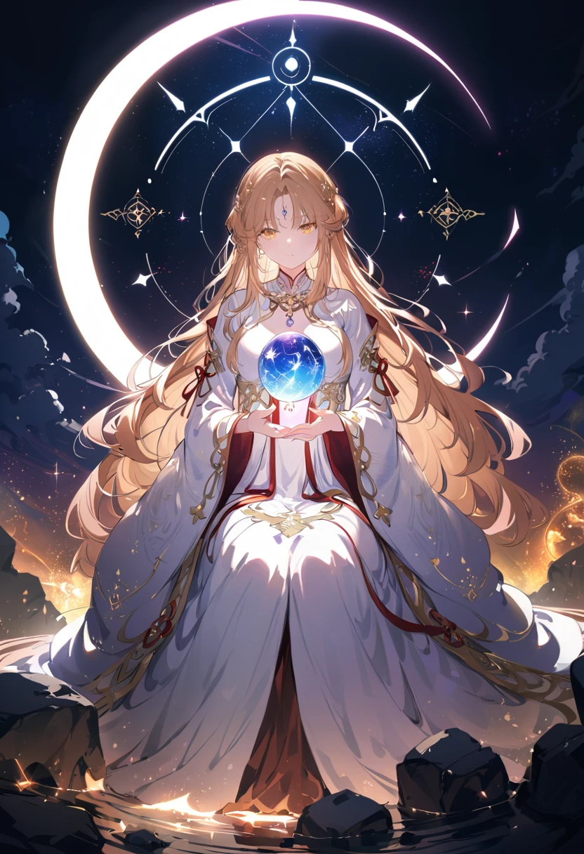 a beautiful female astrologer, intricate detailed dress, ornate jewelry, long flowing hair, ethereal expression, seated before a cosmic backdrop, glowing crystal ball, mystical symbols, occult artifacts, dramatic lighting, cinematic composition, fantasy, elegant, magical