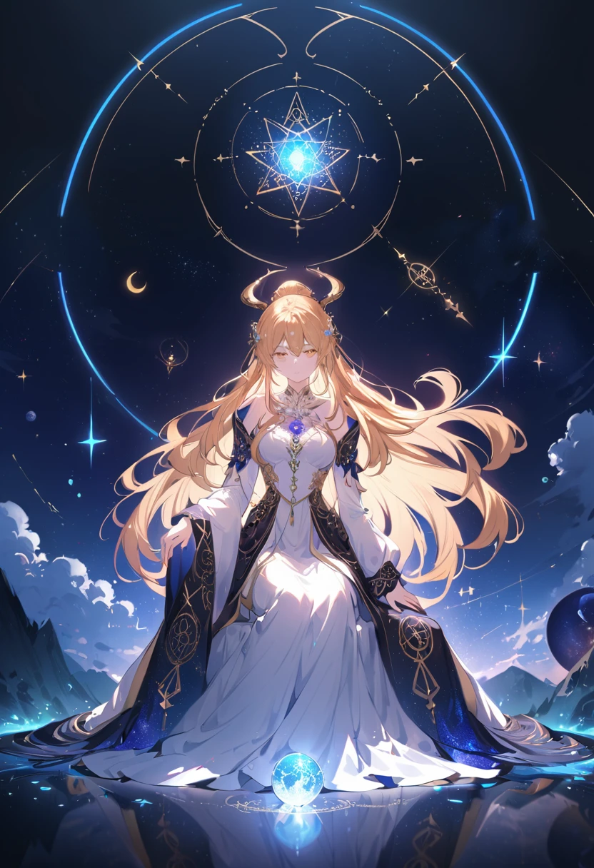 a beautiful female astrologer, intricate detailed dress, ornate jewelry, long flowing hair, ethereal expression, seated before a cosmic backdrop, glowing crystal ball, mystical symbols, occult artifacts, dramatic lighting, cinematic composition, fantasy, elegant, magical