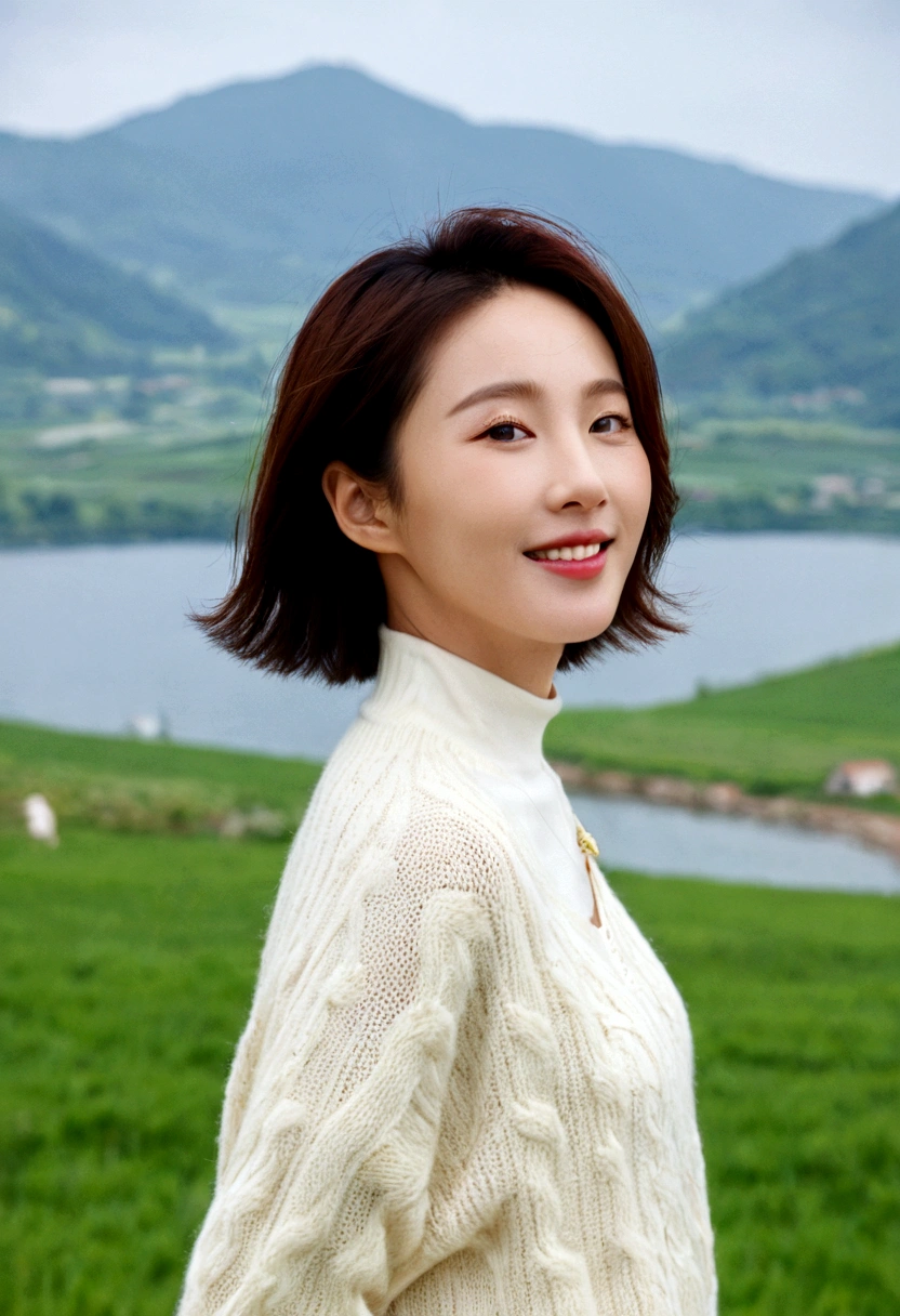 8k best picture quality, Beautiful 36-year-old Korean woman, My skin is good and my eyes are clear and pretty... Chest size 34 inches, swiss countryside village, The back background is realistic and vivid quality., Short and medium hair blowing in the wind, Wearing a luxurious luxury knit. casual pants, laugh, Short and slim Korean woman, stand far away, Photo taken with a wide-angle lens, cows graze grass, I can see the lake in the distance