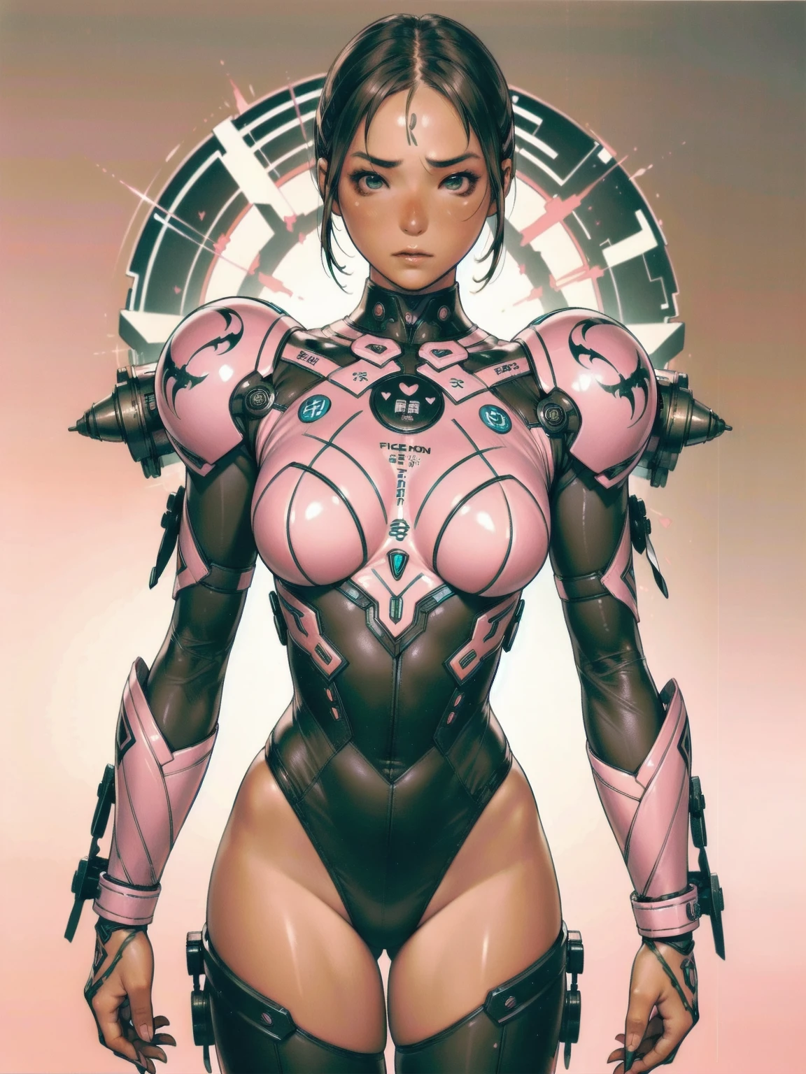 (((Fighter girl))), ((best qualityer)), (((pink suit))), (((slim))), (Muscles), (((fit body armor suit))), ((Perfect masterpiece)), (detailded: 1.4), (absurdrez), (((long hair with heavy bangs covering the entire forehead))), (((full body fitness, Venom symbol)), (((short hair woman, blushful))), 21 year old woman, beautiful sexy woman, giant robot pilot, wild with perfect corpo fitness, wearing small mecha battle armor clothes, tiny thong, Shonen manga style, clothing with Japanese cyberpunk graphic patterns, Halftone pattern and vertical stripes, earth tone, exiting the body of a giant robot, (((cowboy shot)))