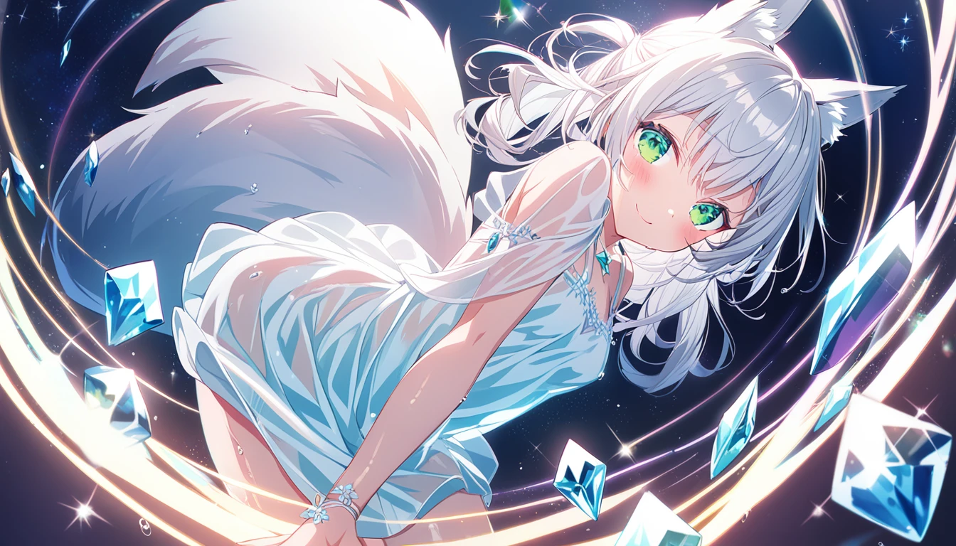 anime artwork (((crystals texture Hair))),((beautiful detailed glass hair)), sparkle, lens flare, 1girl, white hair, solo, thigh highs, side pony tail, black thigh highs, looking at viewer, window, small breast, flat breasts, blush, smile, bangs, anime style, key visual, vibrant, highly detailed, red and green eyes, porcelean skin, fox ears, fox tail, fluffy tail, embarassed, looking up, wet skin, transparant summer dress, white dress